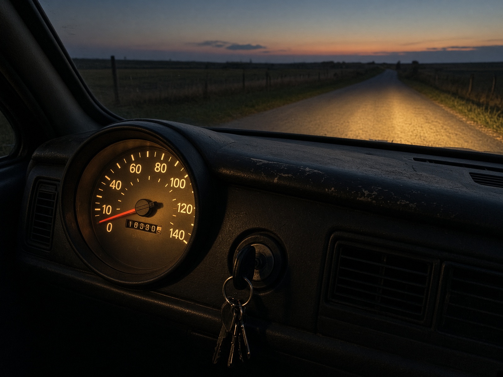 Worn car dashboard at dusk with the road ahead