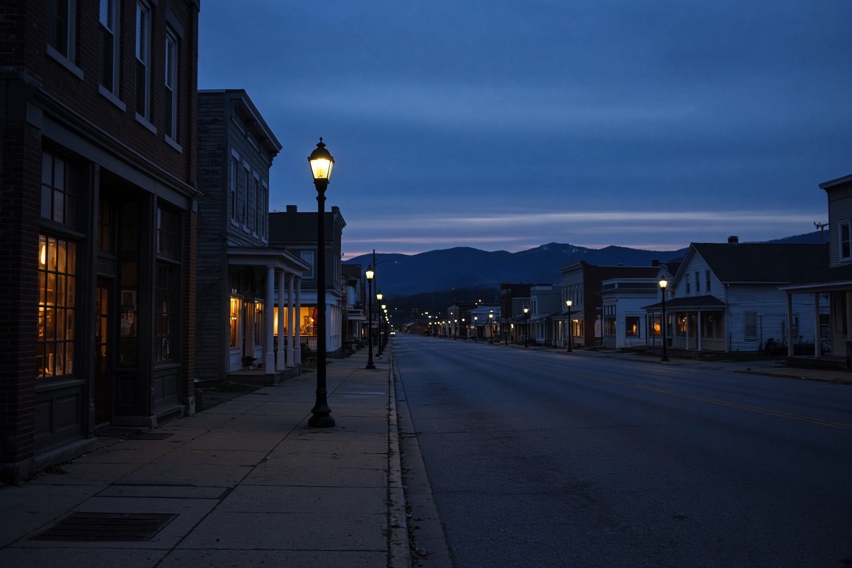 Quiet small-town street at blue hour in the eastern panhandle of West Virginia